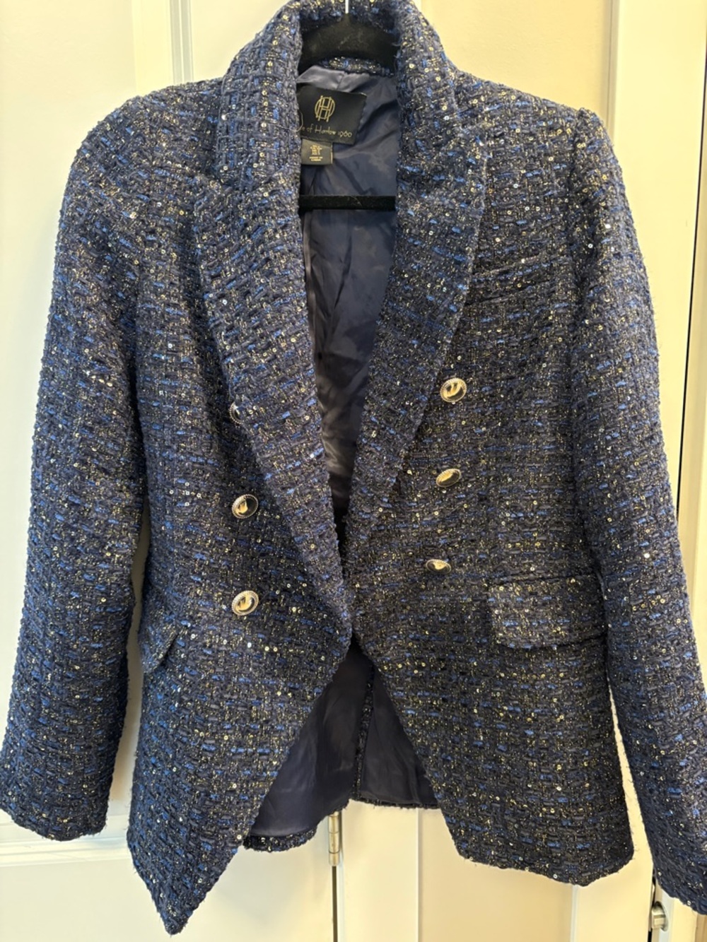 House of Harlow 1960 Navy Tweed Double-Breasted Blazer with Gold Buttons